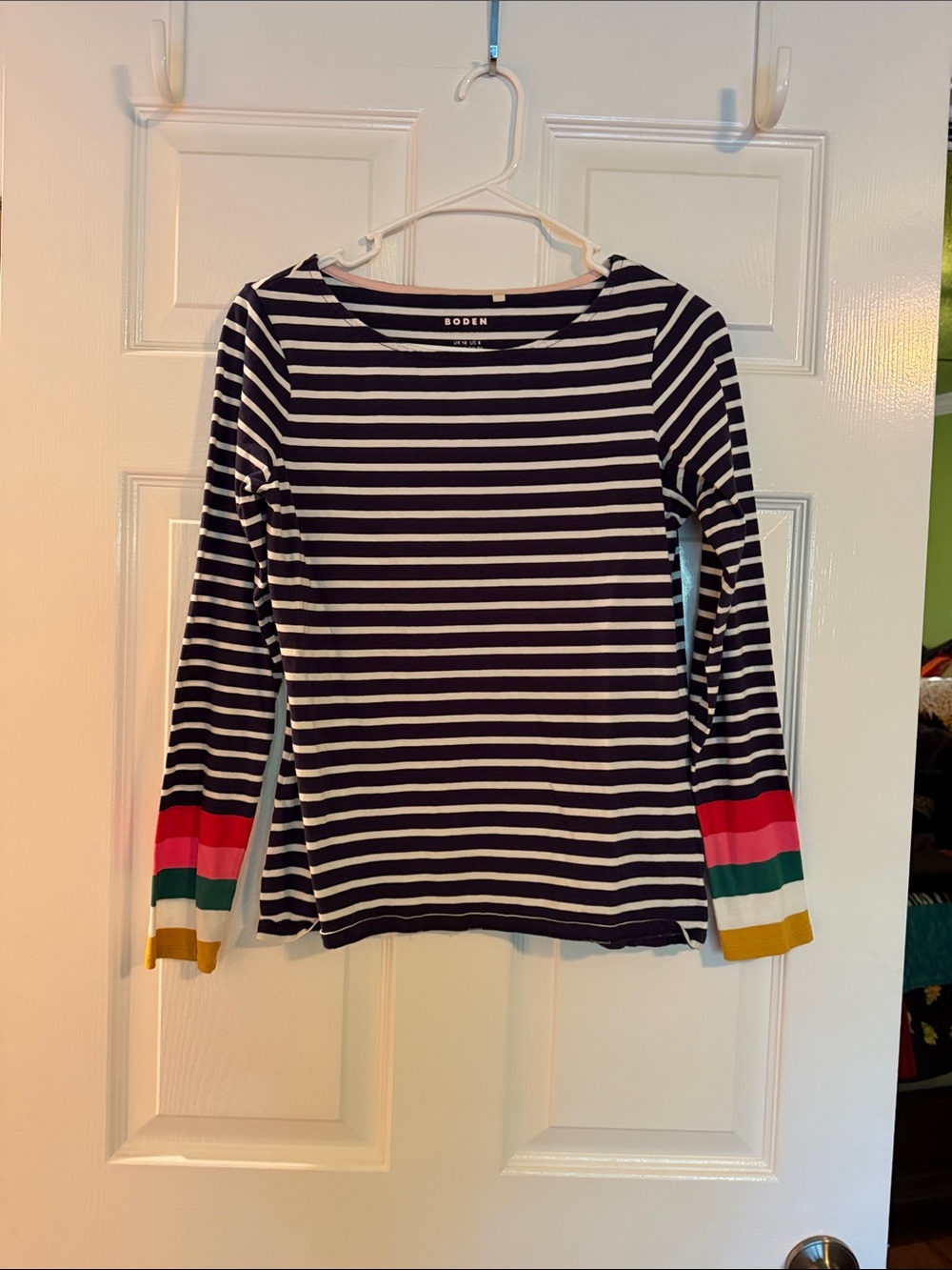 Boden Navy and White Striped Long Sleeve Top with Colorblock Cuffs